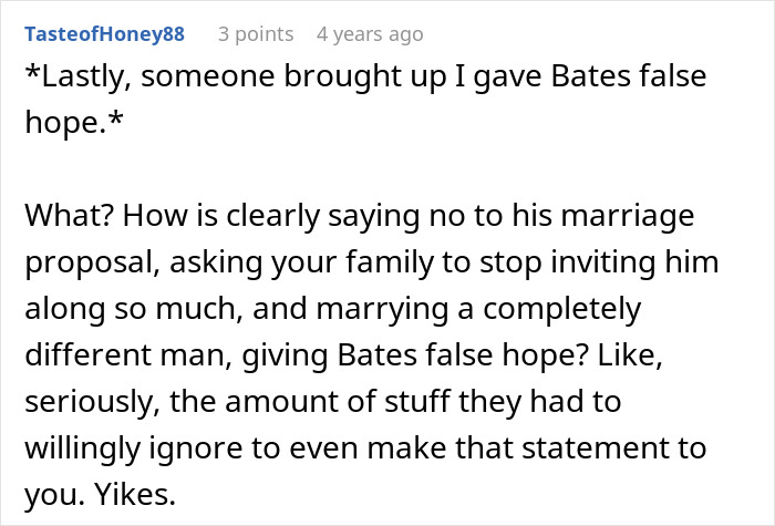 Reddit comment discussing clear rejection and marriage refusal despite persistent unwanted attention.
