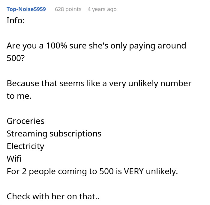 Reddit comment discussing monthly bills, groceries, and a couple fights over expenses. Reddit comment discussing monthly bills, groceries, and a couple fights over expenses.