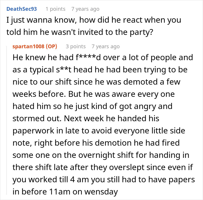 Online discussion about a demoted boss getting angry after being excluded by an employee who never forgives.