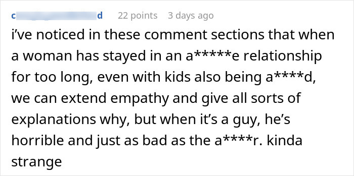 Online comment discussing societal double standards in relationships related to the stepchild's food incident.