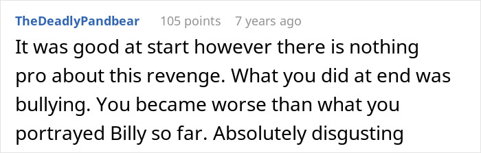 A social media user criticizing a revenge story where a boss gets demoted and humiliated.