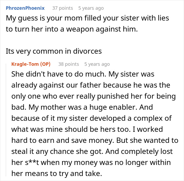 Online discussion screenshot about family dynamics and how a mother enabled her daughter Online discussion screenshot about family dynamics and how a mother enabled her daughter