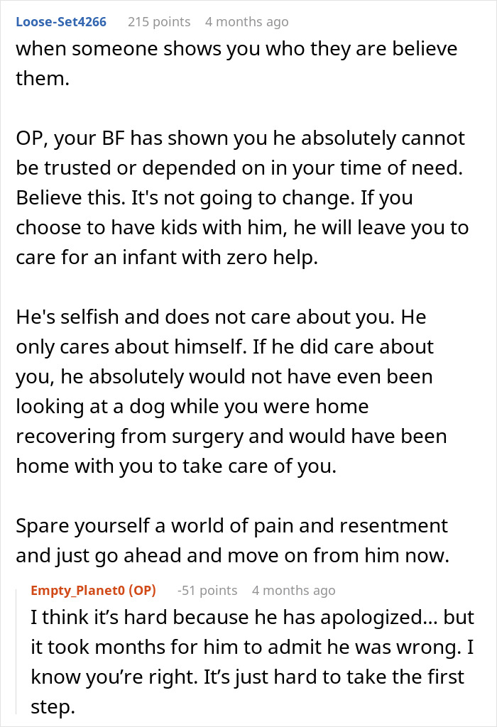Comment advising the girlfriend to leave her selfish boyfriend after surgery