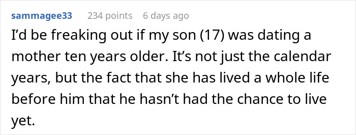 A online comment discussing concerns about a mom losing sleep over her son's GF and their age gap. A online comment discussing concerns about a mom losing sleep over her son's GF and their age gap.