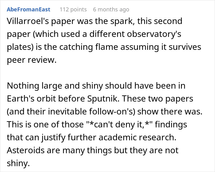 Reddit comment discussing non-human intelligence and strange objects in Earth's orbit before Sputnik. Reddit comment discussing non-human intelligence and strange objects in Earth's orbit before Sputnik.