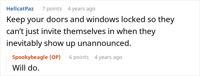 A comment advising to lock doors and windows because of family not respecting a woman sets a clear boundary. A comment advising to lock doors and windows because of family not respecting a woman sets a clear boundary.