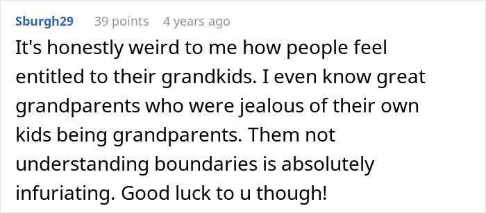 Online comment discussing grandparents feeling entitled and not understanding boundaries before giving birth. Online comment discussing grandparents feeling entitled and not understanding boundaries before giving birth.