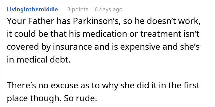 Comment explaining medical debt as possible reason for wedding bills