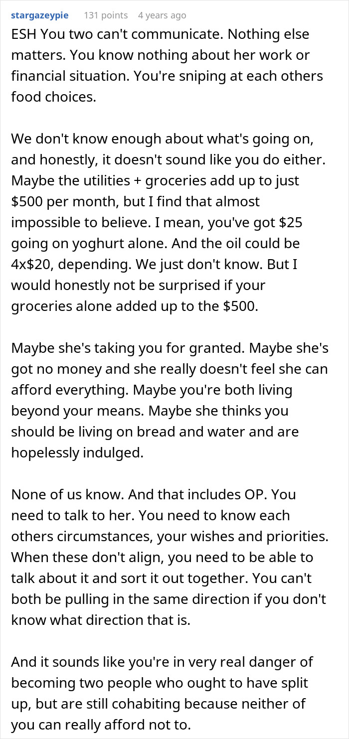 A comment criticizing a couple's poor communication in a fight over cashews and olive oil A comment criticizing a couple's poor communication in a fight over cashews and olive oil
