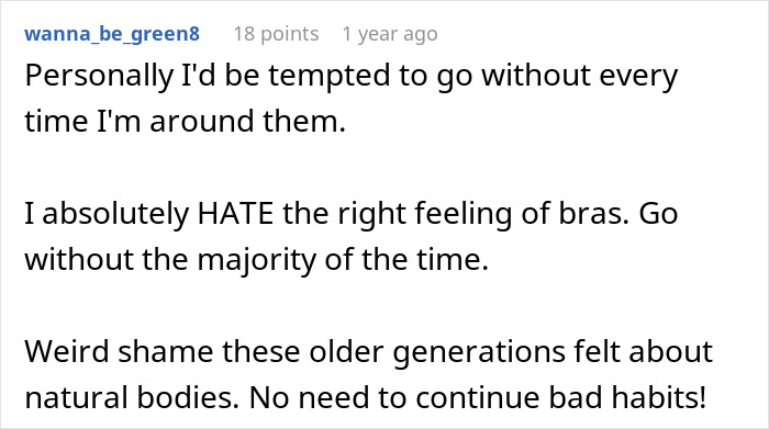 Comment discussing how a MIL shames DIL and expressing support for going braless and embracing natural bodies.