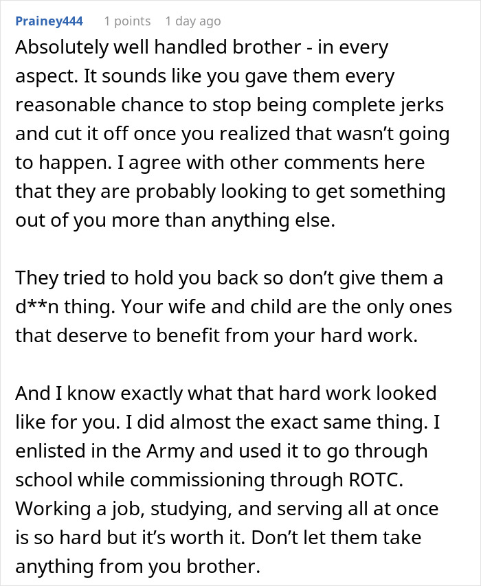 Comment validating a man's decision after parents dismissed son achievements and tried to reconnect years later. Comment validating a man's decision after parents dismissed son achievements and tried to reconnect years later.
