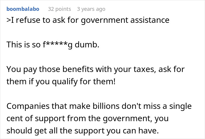 Social media comment discussing financial struggles and government support during difficult family times. Social media comment discussing financial struggles and government support during difficult family times.