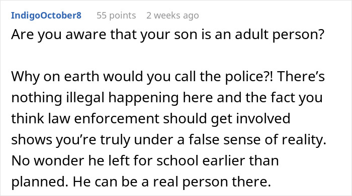 User comment criticizing a mom reacting to her son's GF, reminding her that her 19-year-old son is an adult. User comment criticizing a mom reacting to her son's GF, reminding her that her 19-year-old son is an adult.