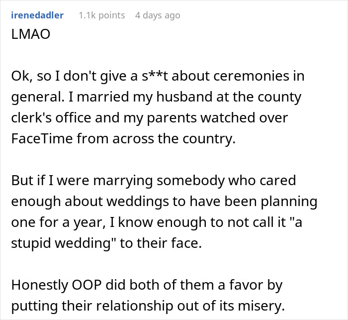 A comment about someone choosing an Australia trip over SIL's wedding and calling the ceremony stupid. A comment about someone choosing an Australia trip over SIL's wedding and calling the ceremony stupid.