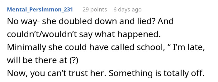 A comment pointing out that an aunt leaves 8YO niece alone at school after lying and breaking trust. A comment pointing out that an aunt leaves 8YO niece alone at school after lying and breaking trust.