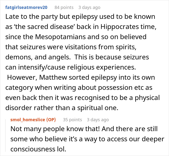 Comment discussing epilepsy historically known as the sacred disease and its spiritual beliefs Comment discussing epilepsy historically known as the sacred disease and its spiritual beliefs