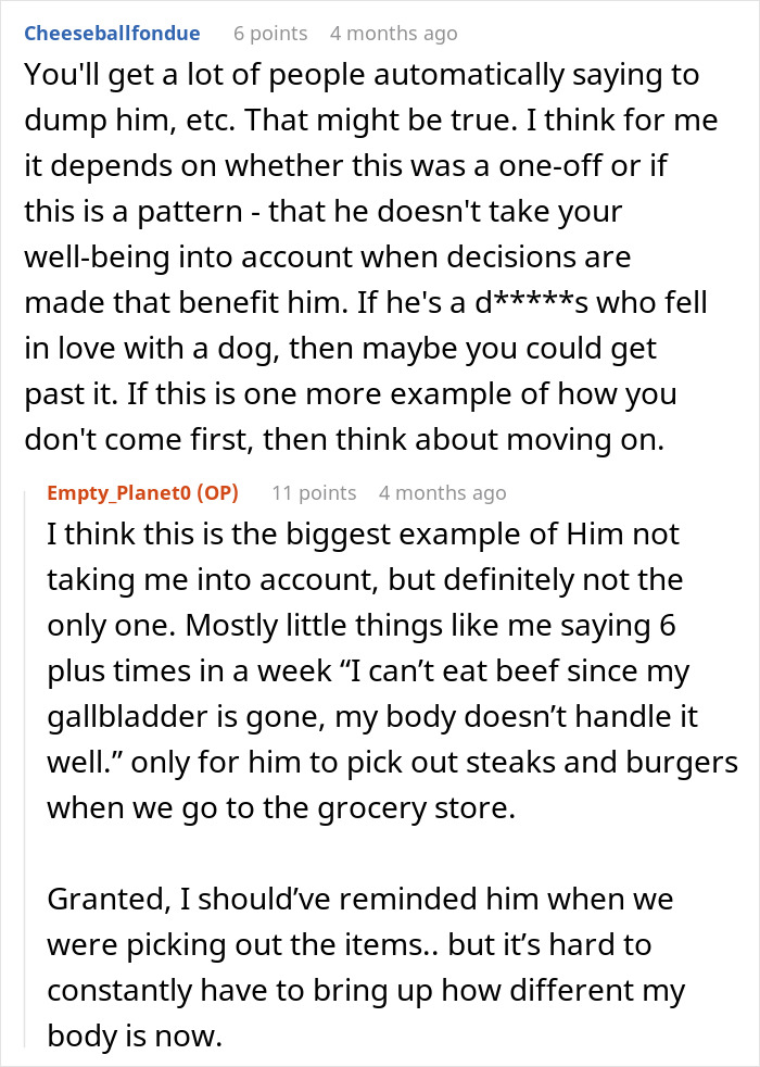 Online discussion about whether the boyfriend neglectful behavior is a pattern after her surgery.