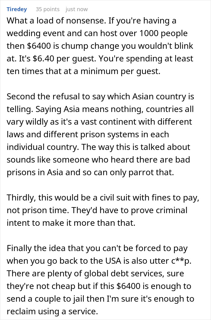 Detailed comment analyzing wedding costs and cultural legal implications
