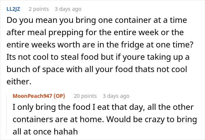 Online comment discussing meal prep food storage in the office fridge Online comment discussing meal prep food storage in the office fridge