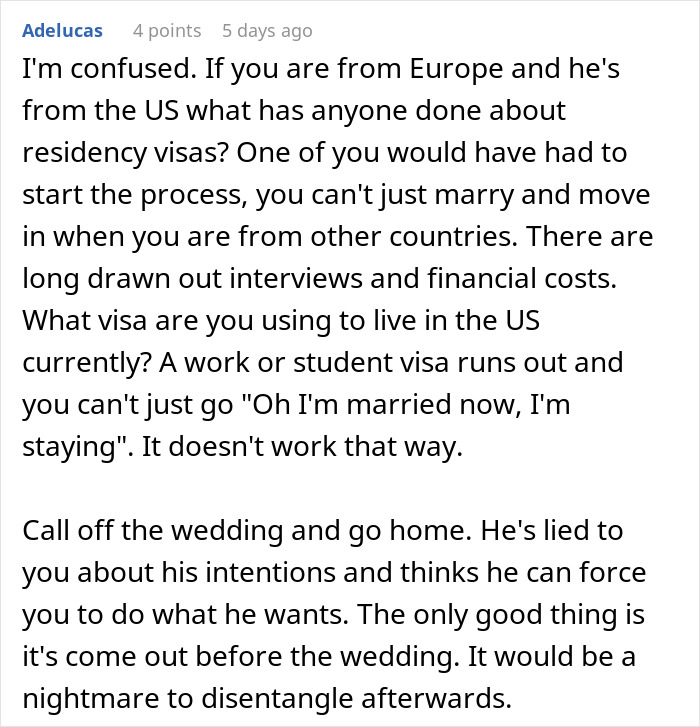 A online comment discussing visa issues before getting married. A online comment discussing visa issues before getting married.