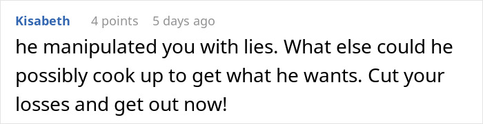 User comment discussing manipulation and dishonesty regarding a fiancé lie. User comment discussing manipulation and dishonesty regarding a fiancé lie.