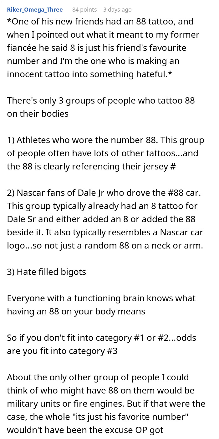 Comment discussing a fiancé defending an 88 tattoo as just a favorite number and explaining its darker meaning. Comment discussing a fiancé defending an 88 tattoo as just a favorite number and explaining its darker meaning.