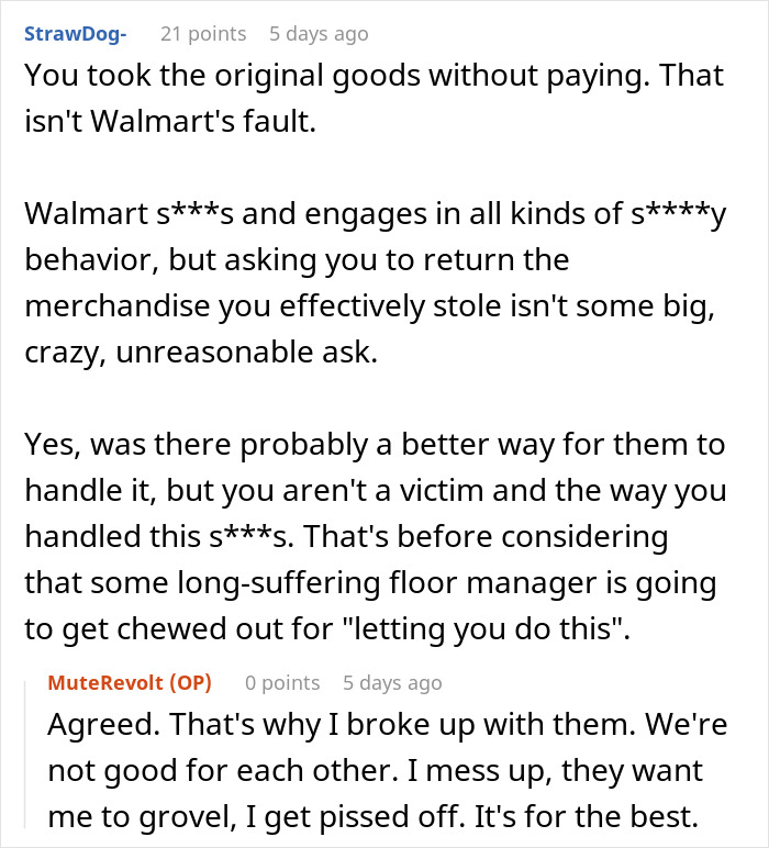 Reddit user comments critiquing a woman who forgets to pay at Walmart checkout. Reddit user comments critiquing a woman who forgets to pay at Walmart checkout.