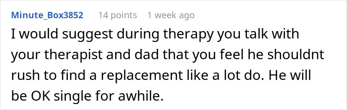 Comment offering advice on therapy and relationship recovery after a stepchild's food was thrown away.
