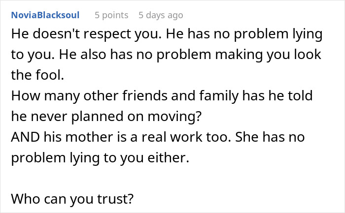 Comment discussing trust issues and respect after discovering a fiancé's long-term lie. Comment discussing trust issues and respect after discovering a fiancé's long-term lie.