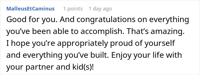 A congratulatory online comment celebrating life success after parents dismiss son's achievements. A congratulatory online comment celebrating life success after parents dismiss son's achievements.