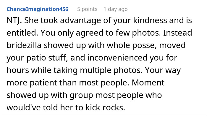 Comment accusing entitled bride of taking over man's porch for wedding photos Comment accusing entitled bride of taking over man's porch for wedding photos