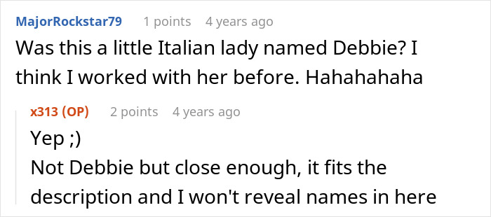 A comment thread discussing the real identity of the bossy coworker from the story. A comment thread discussing the real identity of the bossy coworker from the story.