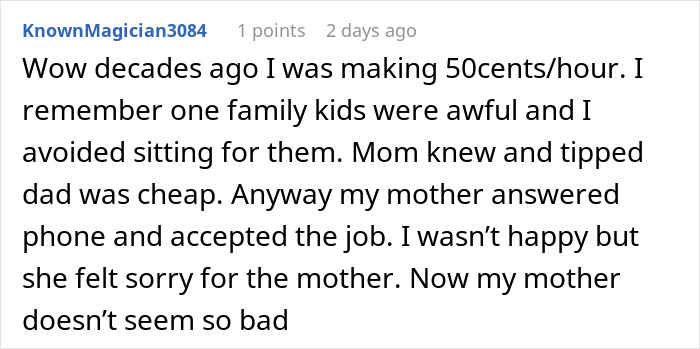 User sharing a personal story about past low babysitting pay regarding an entitled aunt's request