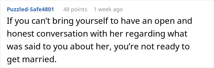 Comment urging honest conversation before marriage from engagement announcement Comment urging honest conversation before marriage from engagement announcement
