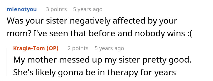 Reddit comment thread about a sister and mother, highlighting the sibling relationship and therapy Reddit comment thread about a sister and mother, highlighting the sibling relationship and therapy