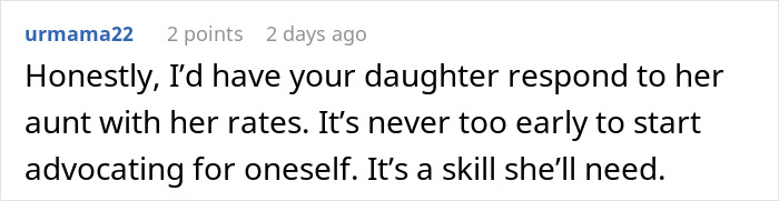 A comment encouraging a daughter to advocate for herself regarding an entitled aunt's Halloween invite.