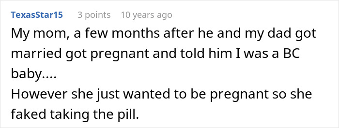 An online comment sharing a story related to a woman trying to trick BF into believing she is pregnant. An online comment sharing a story related to a woman trying to trick BF into believing she is pregnant.