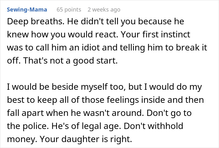 Comment advising a mom whose son has a GF to stay calm, avoid police, and respect her son's age. Comment advising a mom whose son has a GF to stay calm, avoid police, and respect her son's age.