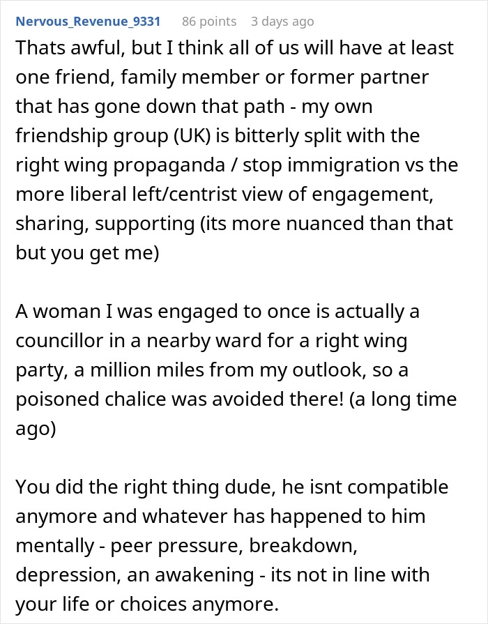 Online comment discussing political differences and not marrying a fiancé due to extreme shifts in values. Online comment discussing political differences and not marrying a fiancé due to extreme shifts in values.