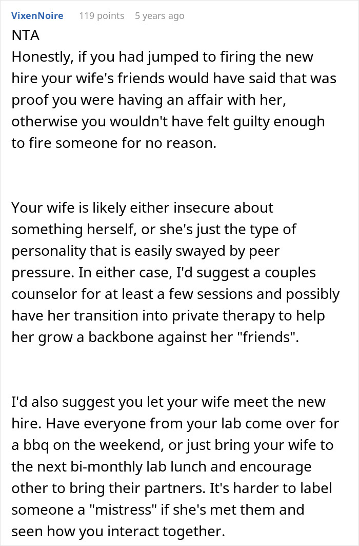 Online discussion suggesting couples counseling instead of firing assistant to test integrity. Online discussion suggesting couples counseling instead of firing assistant to test integrity.