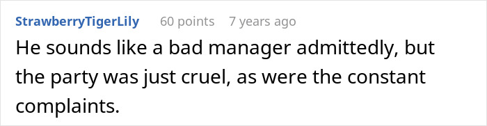 Reddit comment debating the ethics of an employee who never forgives after a boss gets demoted.