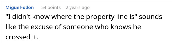 A social media comment discussing property line excuses and tree disputes A social media comment discussing property line excuses and tree disputes