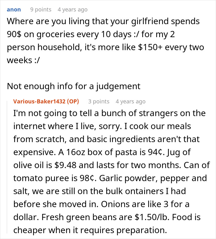 A Reddit thread discussing grocery bills and home-cooked meals, focusing on the cost of olive oil and scratch cooking. A Reddit thread discussing grocery bills and home-cooked meals, focusing on the cost of olive oil and scratch cooking.