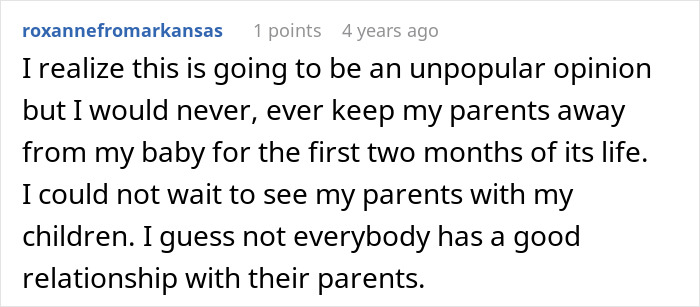 Online comment discussing a woman setting a boundary before giving birth regarding her relationship with parents. Online comment discussing a woman setting a boundary before giving birth regarding her relationship with parents.