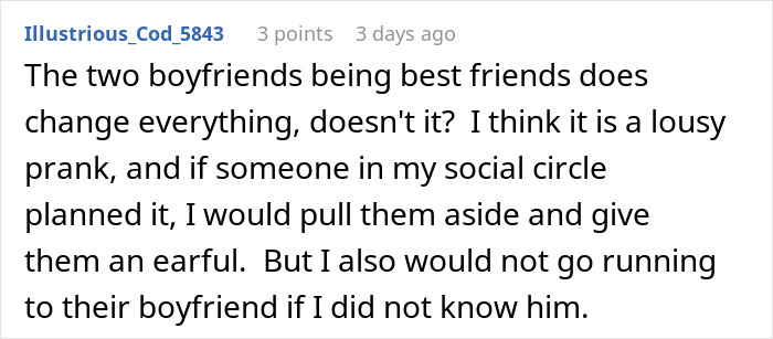 Comment about how a prank backfires when a woman tries to trick BF into believing she is pregnant. Comment about how a prank backfires when a woman tries to trick BF into believing she is pregnant.