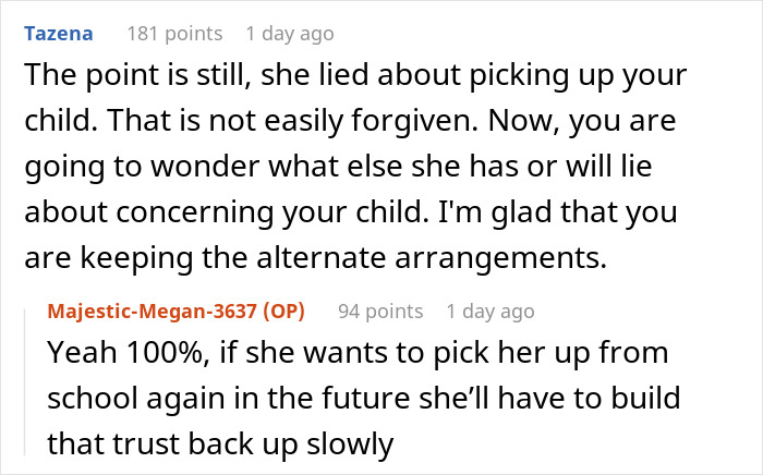 Reddit user discussing broken trust after an aunt leaves 8YO niece alone at school without calling. Reddit user discussing broken trust after an aunt leaves 8YO niece alone at school without calling.