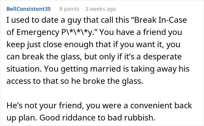 Social media comment criticizing a guy who waits to confess love, calling him a convenient back-up plan. Social media comment criticizing a guy who waits to confess love, calling him a convenient back-up plan.