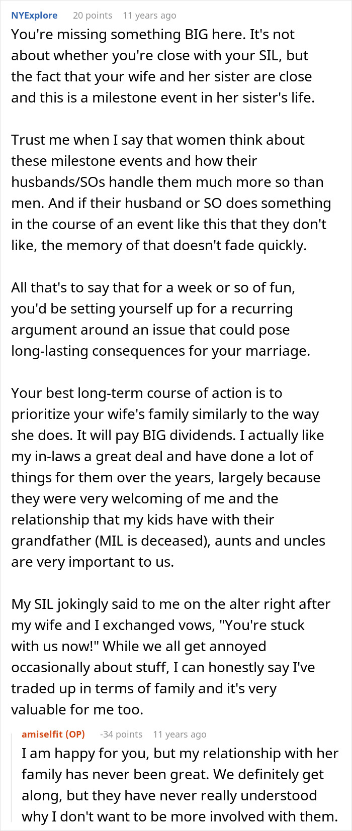 Reddit response explaining how skipping SIL's wedding for an Australia trip harms marriage. Reddit response explaining how skipping SIL's wedding for an Australia trip harms marriage.