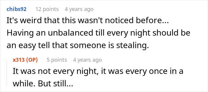 Reddit post discussing a waiter and unbalanced tills in a restaurant Reddit post discussing a waiter and unbalanced tills in a restaurant