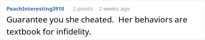 A forum comment claiming a wife’s behavior after a trip is textbook infidelity as a husband senses something is off.